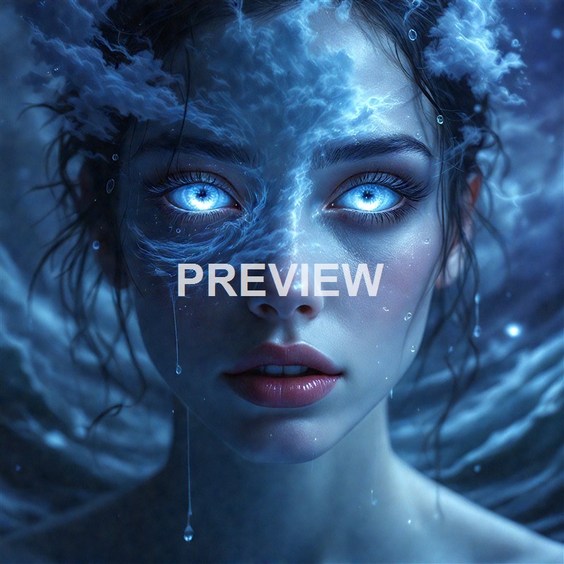 A surreal digital artwork of a woman with glowing blue eyes, her face partly submerged in water with ripples and droplets, creating an ethereal and mystical atmosphere.